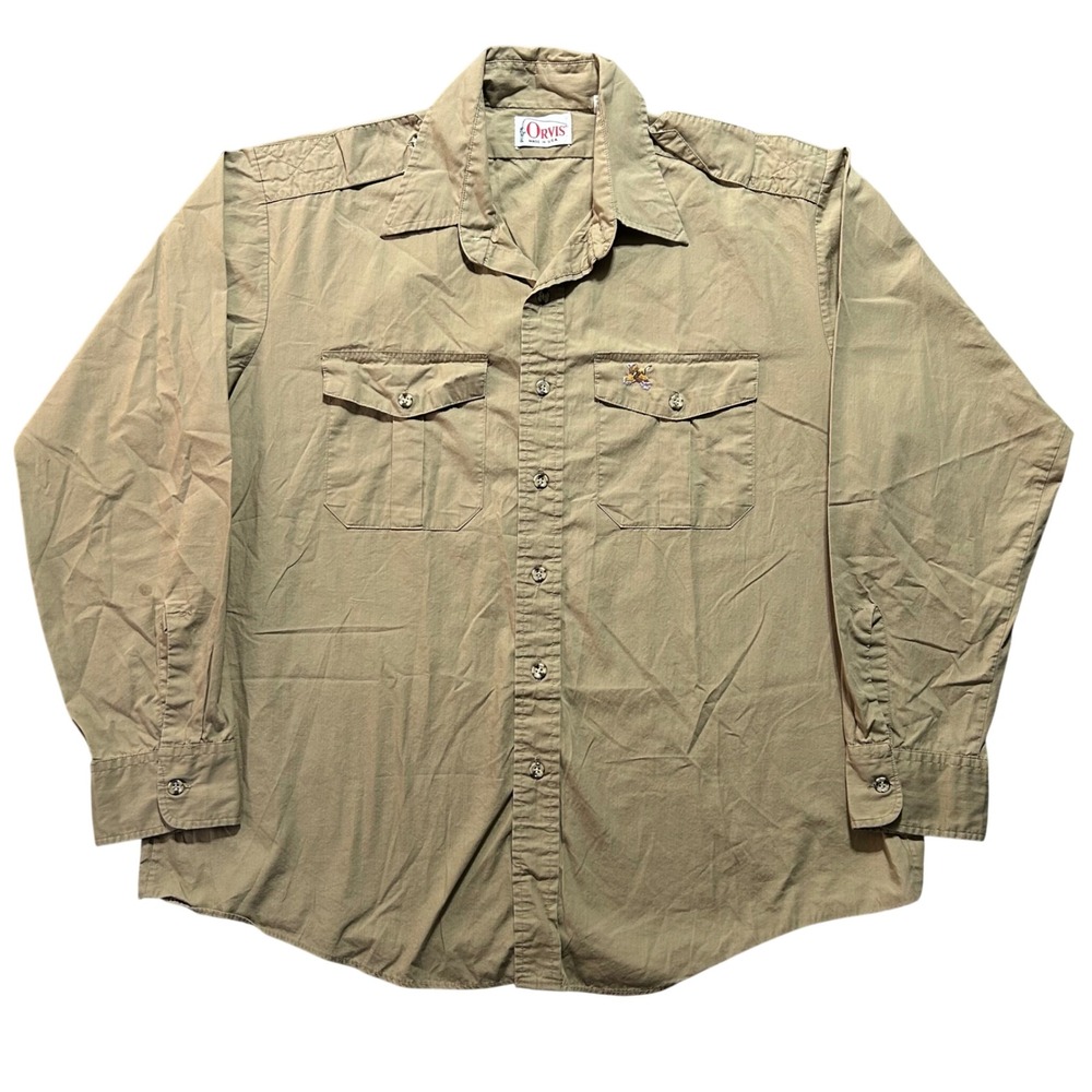 VTG Orvis Field Shirt Mens XL Tan USA Made Cotton Embroidery Long Sleeve 90s